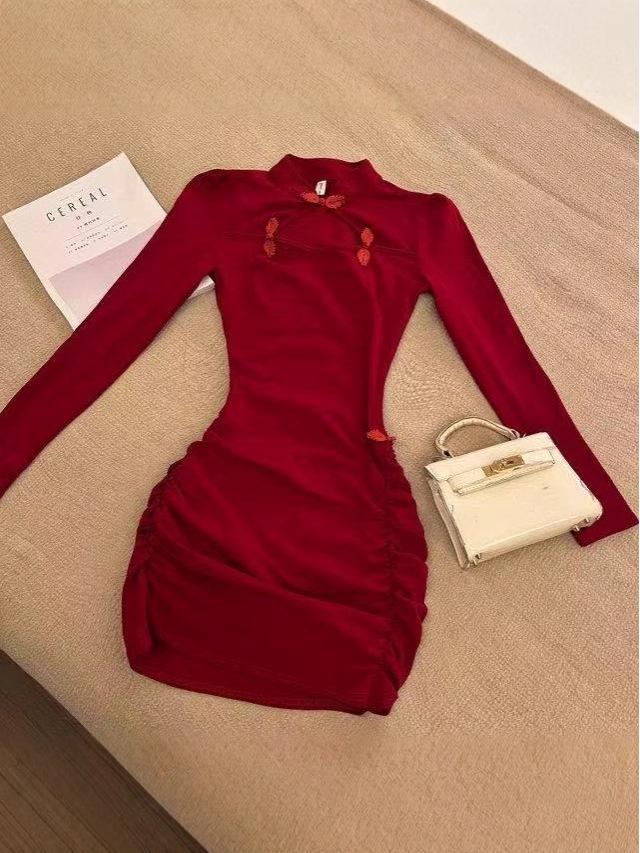 Autumn French Retro Long Sleeve Chinese Socialite Qipao Dress for Women