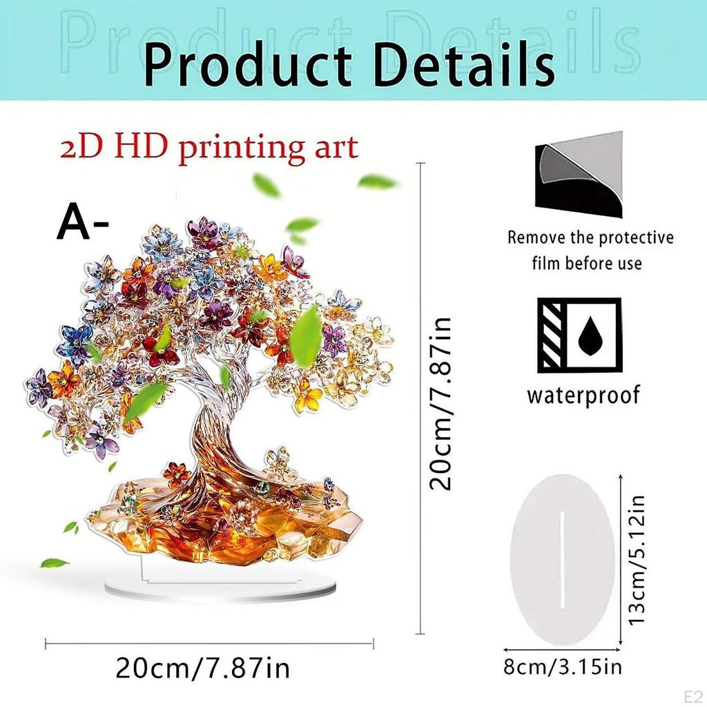 Akryl Livets Tre Ornament Skrivebordsdekor 2D Hjemmedekorasjon Samleobjekt med Base Bord