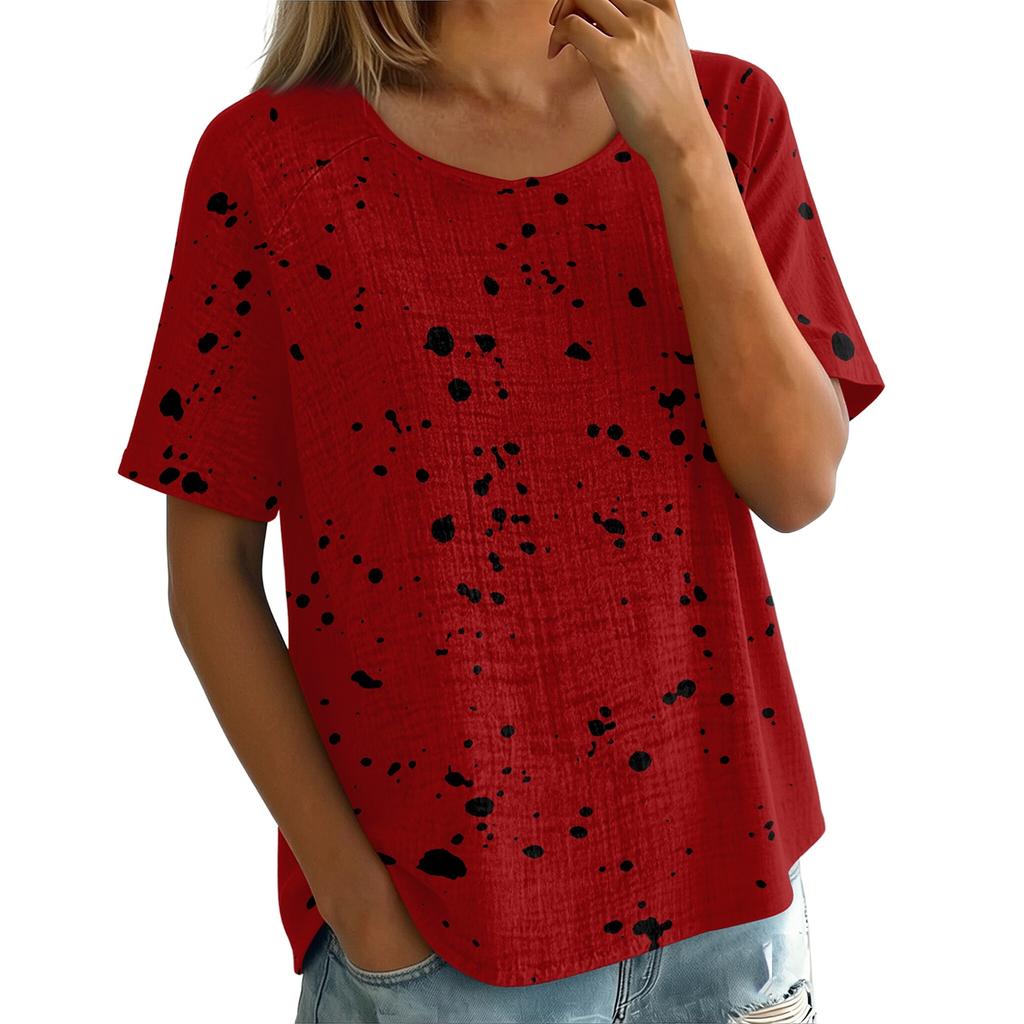 Women's Vintage Print Short Sleeve Top - Round Neck, Cotton Linen Fabric