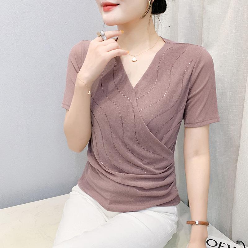 Womens V Neck Wrap Ruched Rhinestone Mesh Short Sleeve Casual Blouse