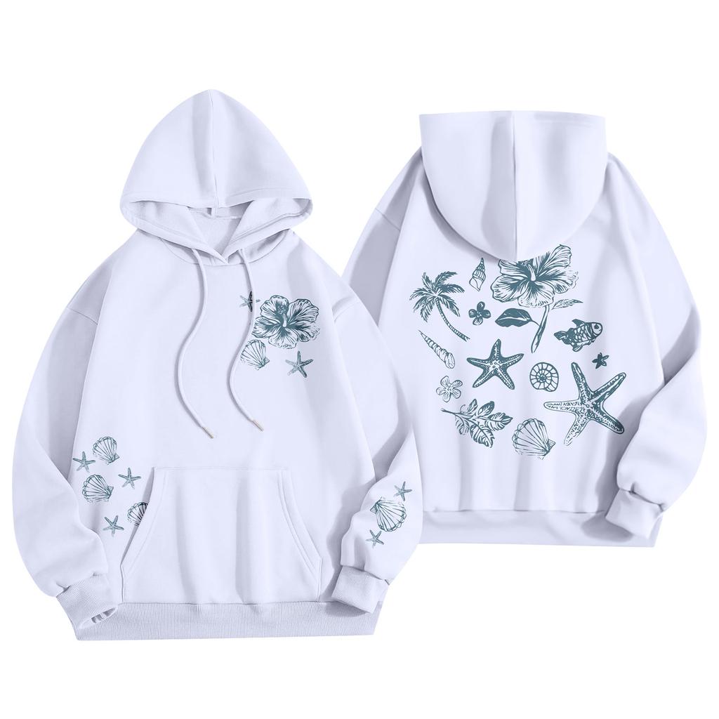 Damenmode Damen Leichter Langarmpullover mit Taschen Preppy Graphic Hoodie