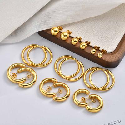 18K Gold Plated Stainless Steel Hoop Earrings, Hypoallergenic Ball Studs For Multiple Piercing Stack Women 3pcs In One Set