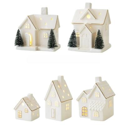 LED Light Up Christmas Village Houses Ceramic White Porcelain Village House with Christmas Trees Tabletop Ornaments