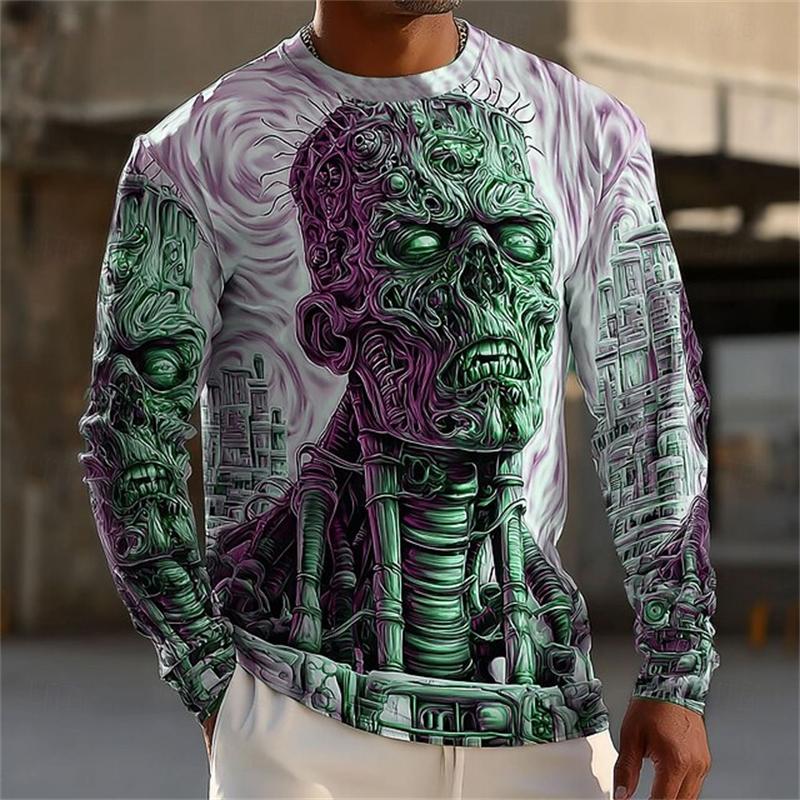 Monster Print Casual Men's Long-sleeved T-shirt Outdoor Vacation Round-neck Long-sleeved Spring and Autumn Clothing