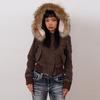 Vintage Brown Short Hooded Jacket Women's Full Sleeve Slim Detachable Fur Collar NEW Winter  Autumn Female Outerwear