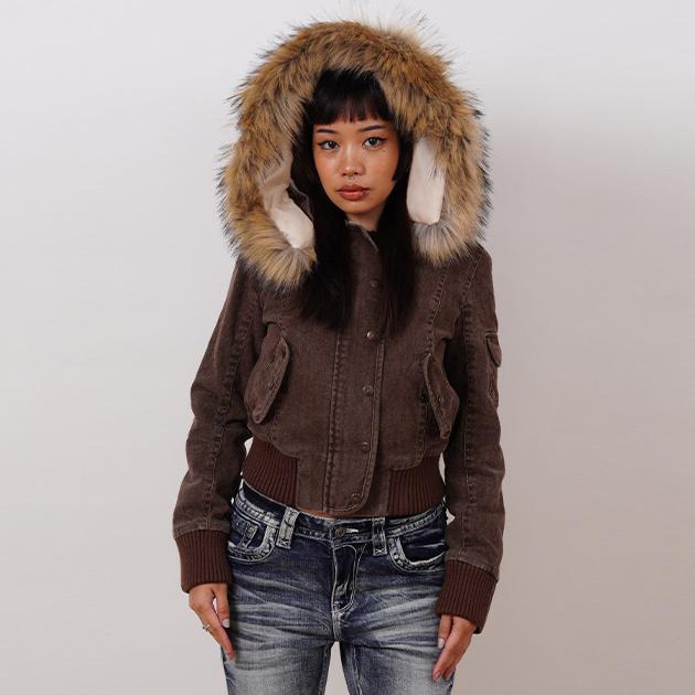 Vintage Brown Short Hooded Jacket Women's Full Sleeve Slim Detachable Fur Collar NEW Winter  Autumn Female Outerwear