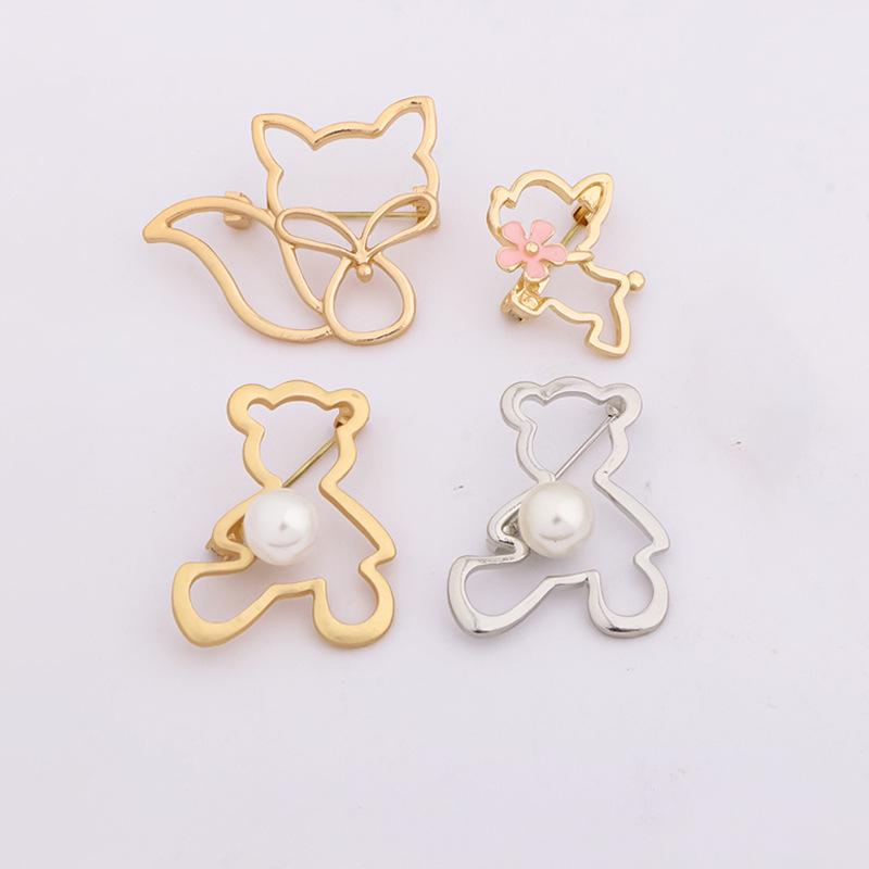 Golden Openwork Animal Brooch Pin - Fox, Deer, Cat, Pearl Teddy Bear Design Classic Fashion Accessory