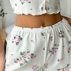 Damen-Pyjama-Set Gerippt Floral Rüschen 2-teilig Nachtwäsche Crop Cami Top und Shorts Weiche Pyjamas Loungewear Set
