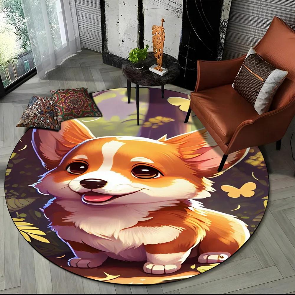 Cute Dog Samoye,Chihuahua,Koki Pomeranian Cartoon Round Carpet Rug for Living Room Bedroom Decor,kids Pet Area Rug Non Slip Mat