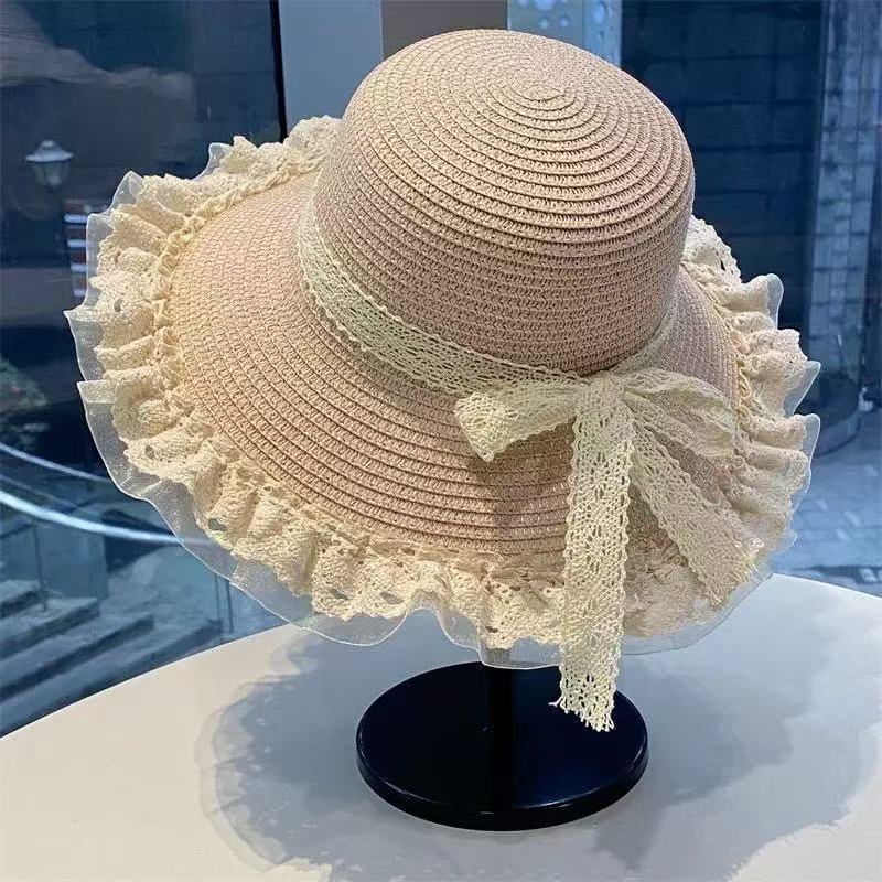 Women Sweet Lace Trim Large Brim Straw Sun Hat For Summer Beach Vacation