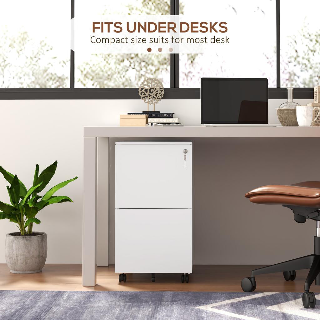 2-Drawer Vertical Filing Cabinet with Lock and 5 Wheels, Steel Mobile File Cabinet, for A4, Legal and Letter Size, Pre-Assembled Body, White