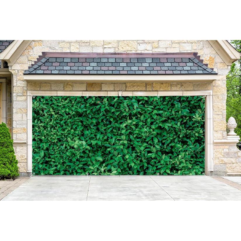 Leowefowa 16x7ft Green Leaves Garage Door Cover Grass Backdrop Greenery Circle Backdrop Stand Yard Garage Background Decoration Cover Outdoor
