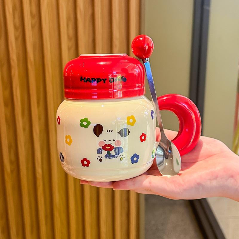 Puppy mug with lid spoon cute girl ceramic cup large capacity kettle household coffee cup