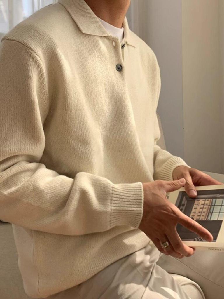 Suéter Polo Masculino de Alta Qualidade Estilo Coreano Cor Sólida - Tricô Casual Tendência com Gola para Outono