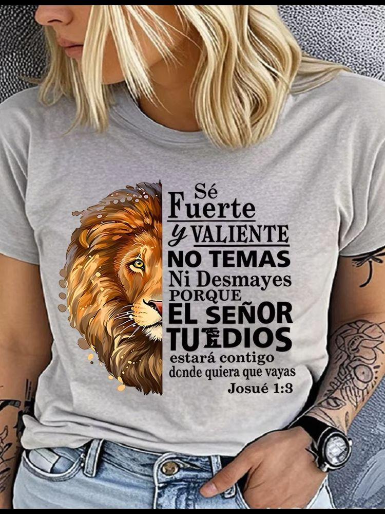 Men Women's Polyester 100% The Lion Bible Print T-shirt Loose Round Neck Casual Short Sleeve Fashion Top  Clothing Summer