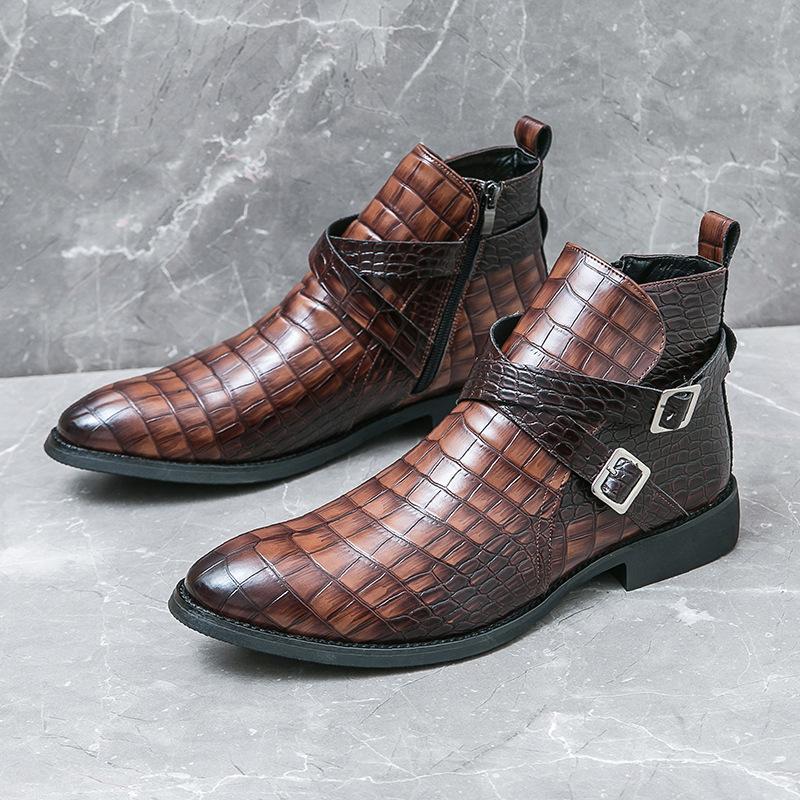 

Men s shoes zipper embossed high-top leather shoes foreign trade men s retro Martin boots large size leather boots trendy casual leather shoes 38