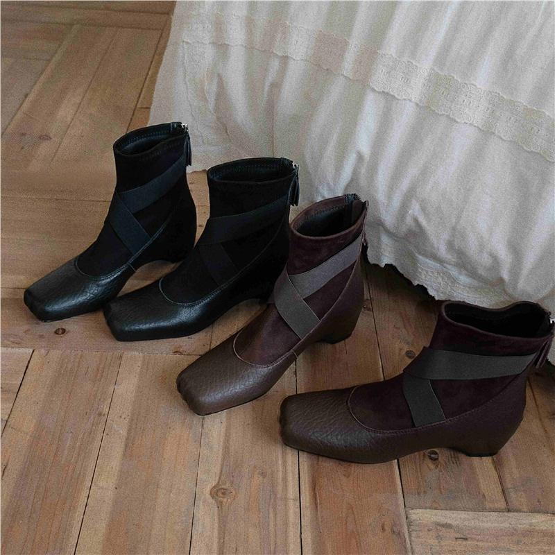 Sheepskin version~ genuine leather 5cm retro cross strap square head elephant pattern ballet clear cold wind designer fashion short boots