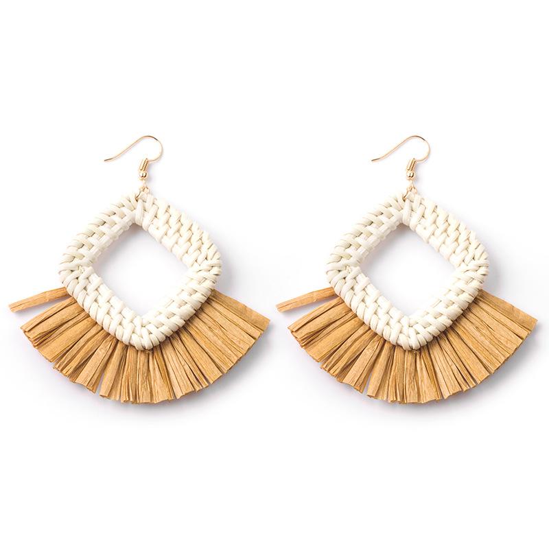 Hand-Woven Geometric Rattan Raffia Earrings, Retro Resort Fan Stud Earrings, Earrings For Women