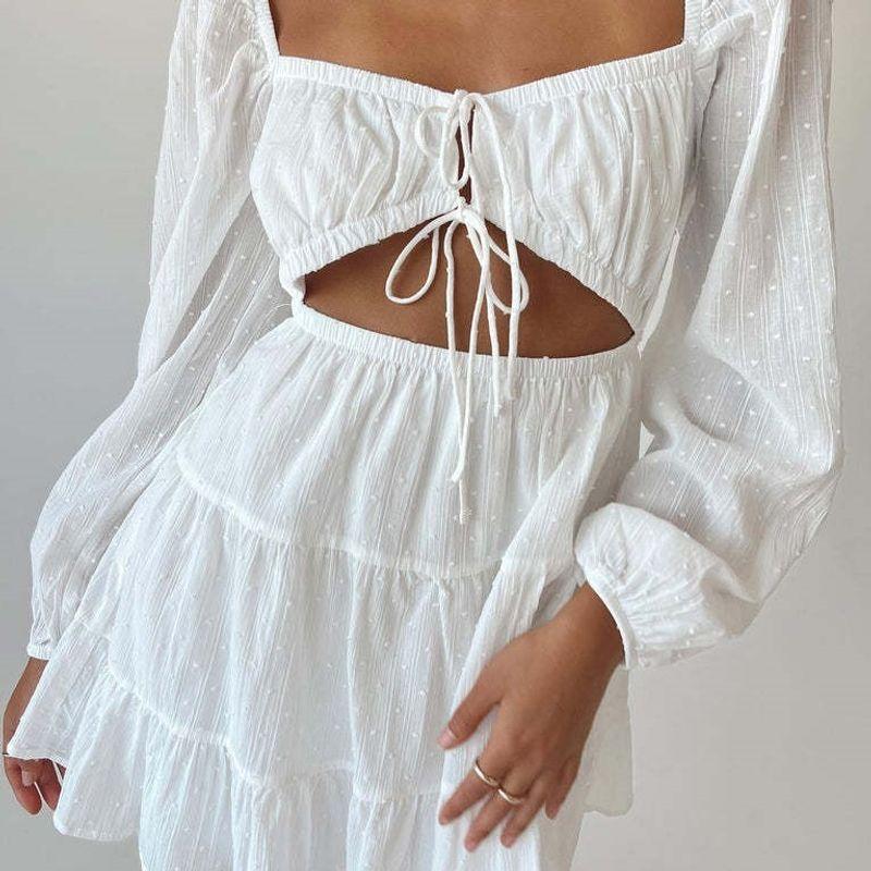 

Stylish New Arrival 2024 European and American Women s Clothing Temperament Square Collar Long Sleeves Lace-up Cutout Short Model in White Color Dress White L