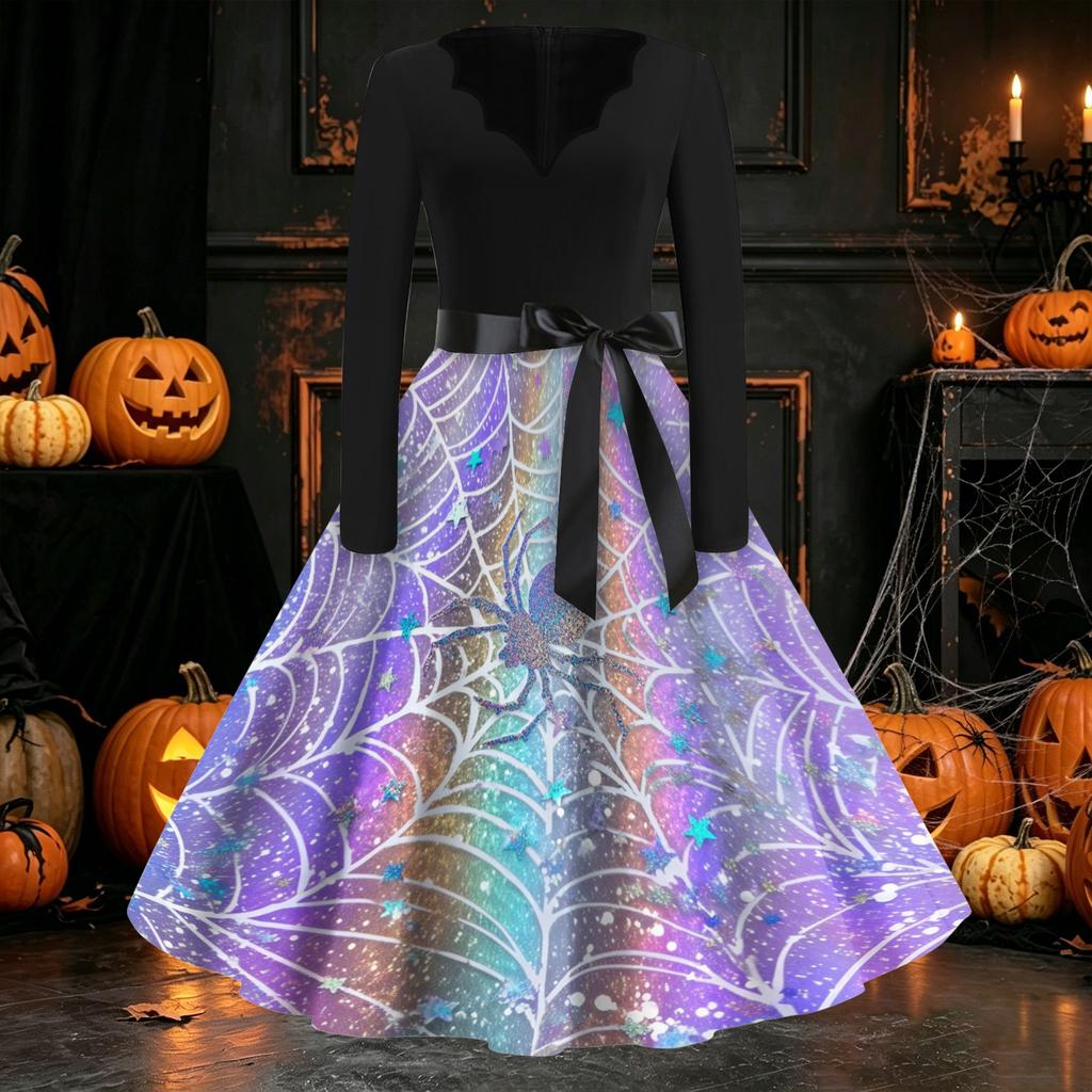 Women's Casual Long Sleeve V Neck Vintage Dress Halloween Print A Line Midi Dress with Waist Tie Belt for Everyday Wear
