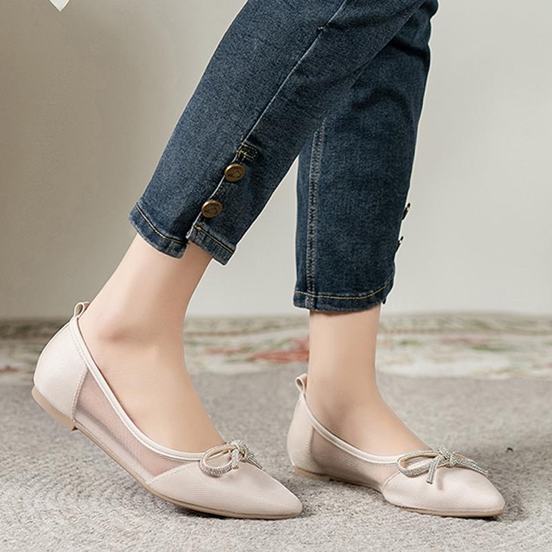 Sweet Butterfly Knot Breathable Mesh Flat Bottom Pointed Toe Casual Shoes for Women Spring Summer Fashion Versatile Slip-On Shoe