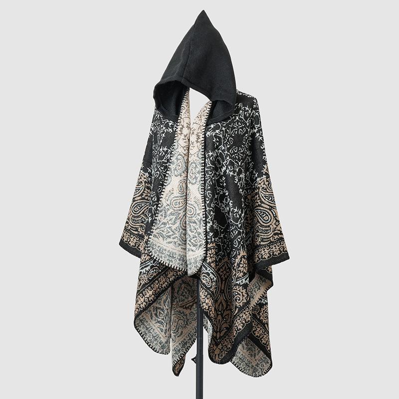 Winter Women Scarf Layers Poncho Hooded Elegant Lady Retro Boho Print Wraps Shawl Casual Scarve Capa Para Mujer Pashmina Cloak