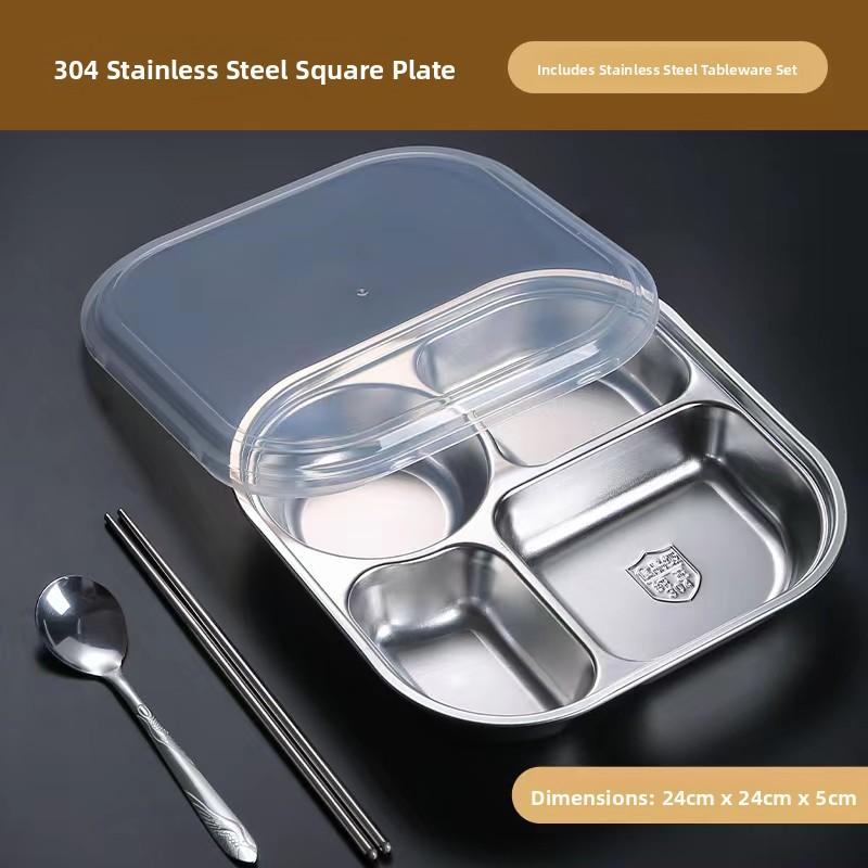 304 Food Grade Stainless Steel Meal Plate Divided with Lid Adult Three Compartment Lunch Box School Student Fast Food Plate