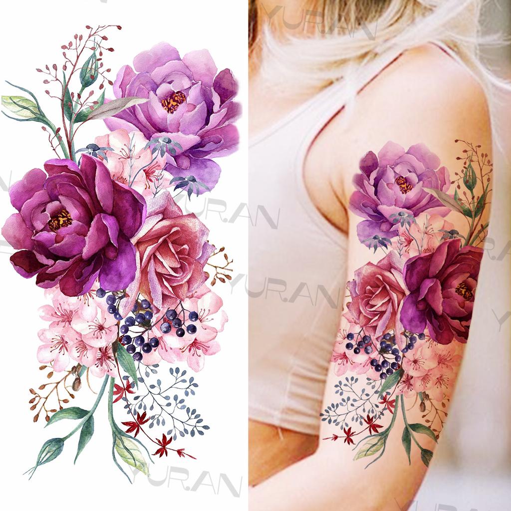 Large Colorful Rose Flower Temporary Tattoos For Girls Women Anchor Fake Gemstone Pendant Tattoo Paste Arm Body Tatoos Creative