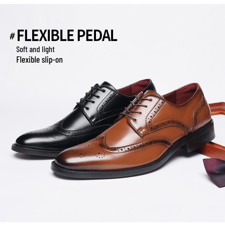 New Men's English Style Hidden Heel Derby Brogue Leather Shoes - Pointed Toe Lace-Up Design for Formal and Casual Wear