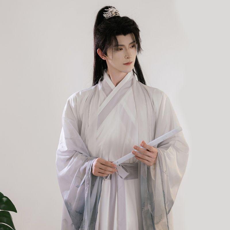 Chinese Wei And Jin Dynasty Style Hanfu Large-sleeved Shirt Ink Printing And Dyeing Suit, Daily Knight Suit