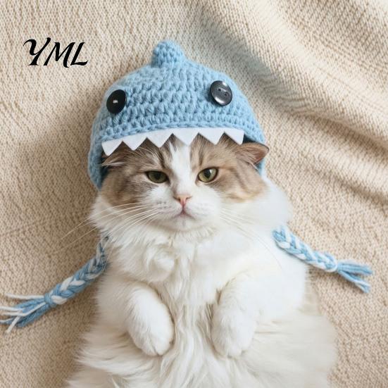 Pet Photography Props Funny Shark Cat Hat, Crocheted Hat with Braided Straps, Soft Cute Knitted for Cats Small Dogs Puppy Headwear