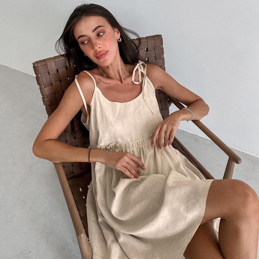 LYRIA Summer New Style European and American Sexy Hot Girl Halter Dress, Loose Cotton and Linen A-line Dress, Salt Style Pullover.