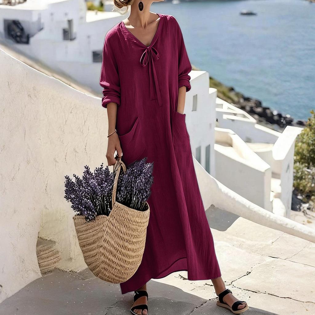 Women's -color V-neck Long-sleeved Loose Cotton And Linen Dress
