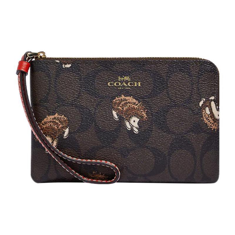 

COACH Corner Zip 16 Classic Presbyopia Zipper Closure Hedgehog Print Coated Canvas with Leather Wrist Bag Clutch Small Women s Brown Black чорний