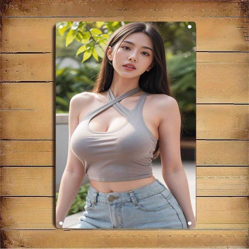 Retro Tin Poster Wall DecorMetal Sign Plate with Woman's Face & Beauty Artwork - Korean-Style Pin-Up Poster fo