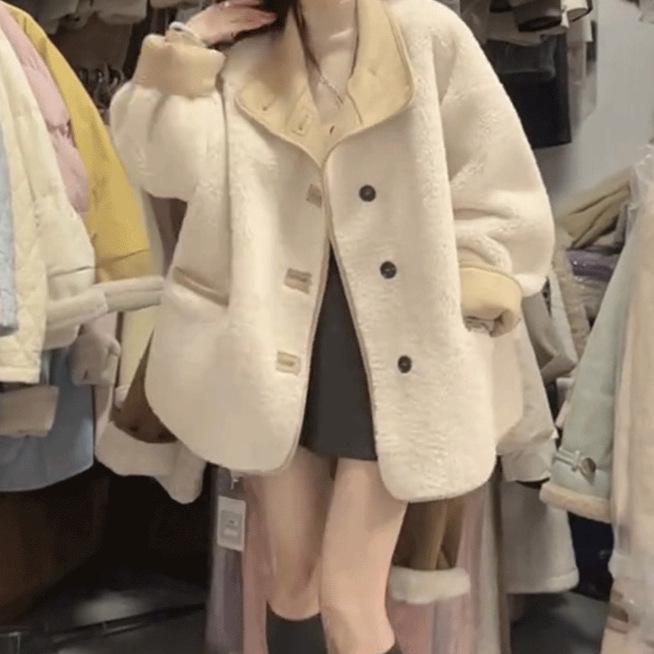 

Women s High-Density Lamb Wool Fur-Lined Autumn/Winter Versatile Coat L (for 106-120 jin) брудно-білий