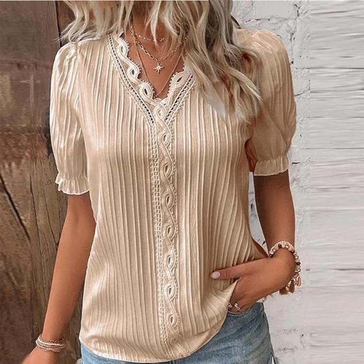 Elegante Camicetta da Donna Camicia Scollo a V Patchwork di Pizzo Manica Corta Camicie per Donna Estate Top da Donna