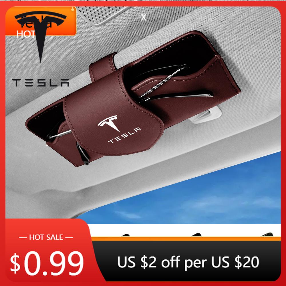 Car Sticker Tesla 1/2Pcs Car Glasses Clip Sun Visor Sunglasses Leather Storage Case For Tesla Model 3 Y S X Roadster Cybertruck