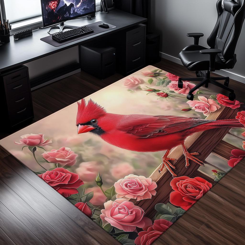 Red Cardinal Bird with RosesCrystal Velvet Rug Nature Garden Theme Floor Mat Floral Animal Print Soft Non Slip Area Rug for Home