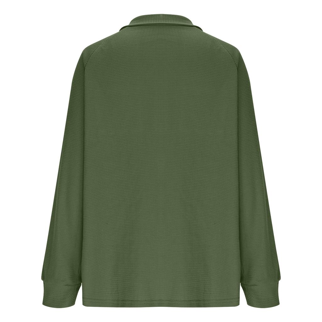 Women's Fashion Long-Sleeve Solid-Color Collared T-Shirt With Button-Up Front And Pocketed Casual Sweatshirt Top