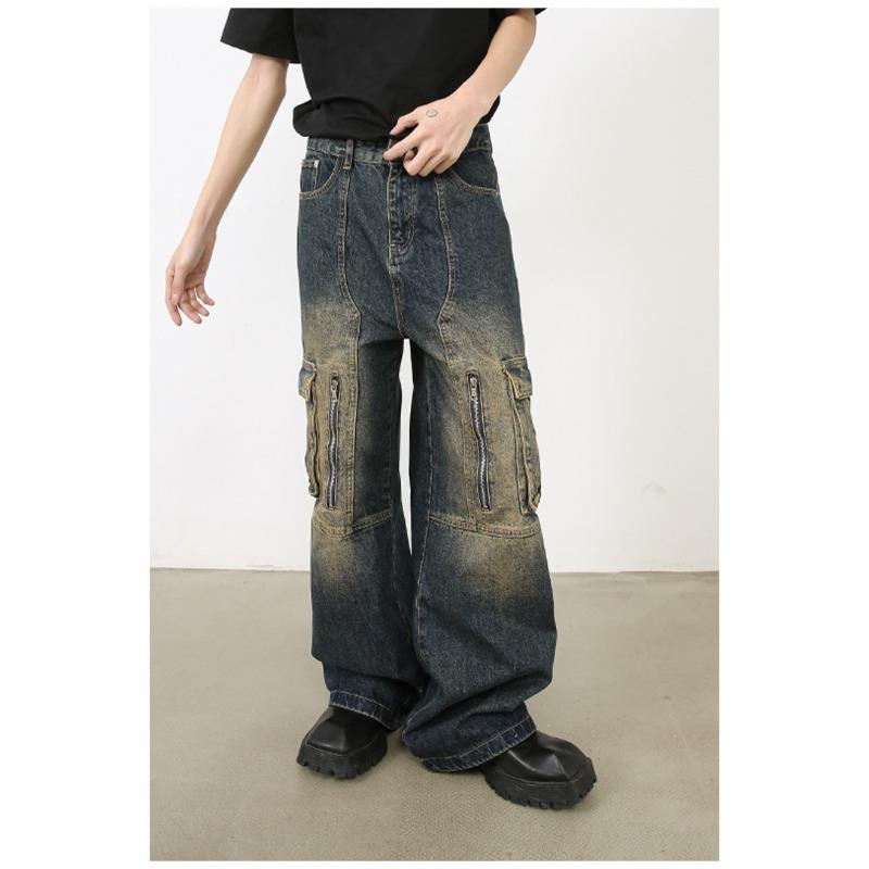 Long Trousers Versatile Washed Multi-pocket Design Sense of Work Jeans Men Senior Sense Pants