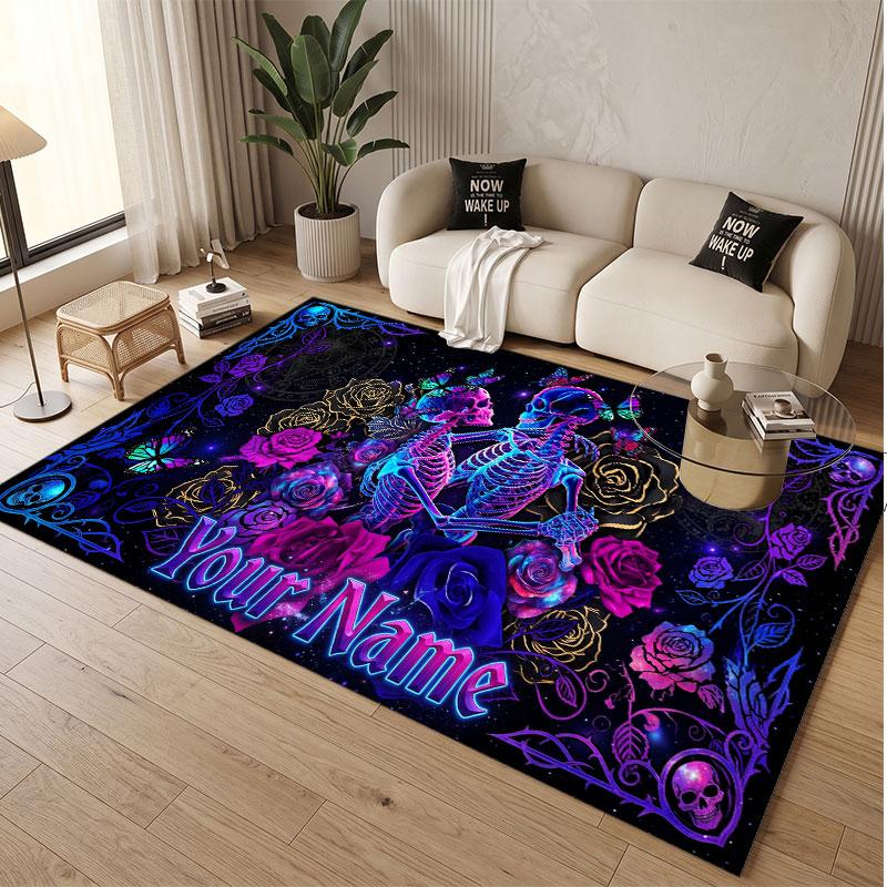 Rose Floral Theme Soft Crystal Velvet Rug Custom Name & Text Print Non Slip Floor Rug for Bedroom Living Room