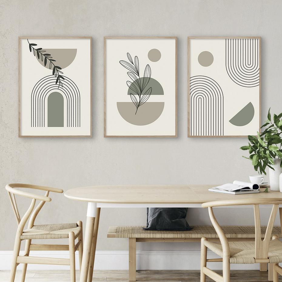 Boho Abstract Green Leaves Geometric Line Posters Wall Art Canvas Painting Prints Pictures Living Room Interior Home Decor
