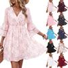 Women Floral Print V Neck Ruffle Sleeve A Line Casual Mini Dress Lightweight Chiffon Elastic Waist Summer Dress