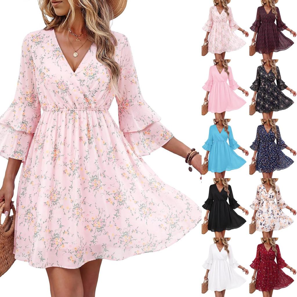 Women’s V Neck Floral Print Dress with Ruffle Sleeves and Elastic Waist Casual Loose Fit A Line Mini Dress