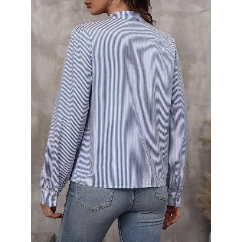 Fashion V-neck Lace-up Striped Women Long Sleeved Shirt Button-up Loose Elegant Casual Office Blouse Spring Autumn Simple Streetwear Women Clothing