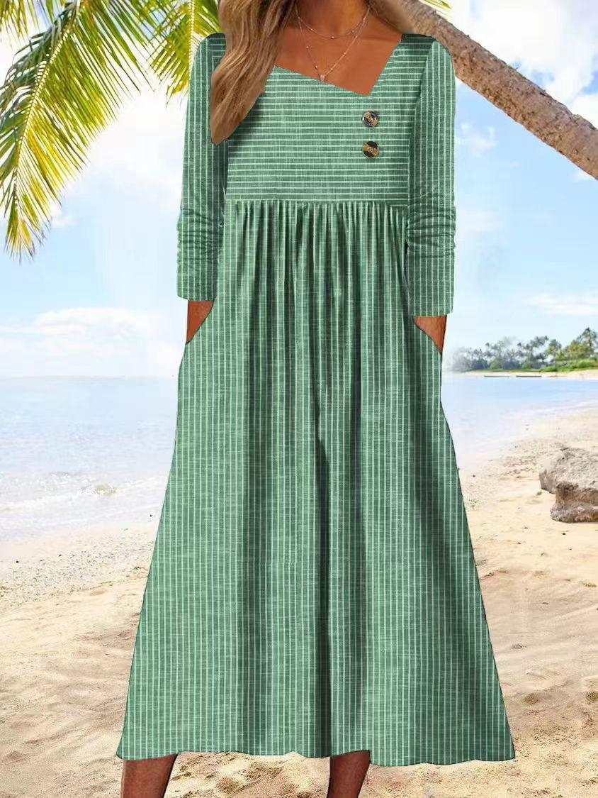 

Women s Long Sleeve Striped Button-Down Dress with Pockets, Casual Beach Dress, Square Neck Ruffled Waist Midi Dress XXL зелений