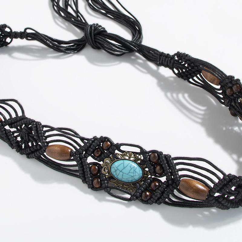 New Bohemian-style Alloy Cat's Eye Crown Bead Woven and Knotted Ethnic Style Handmade Vacation Women's Waist Rope