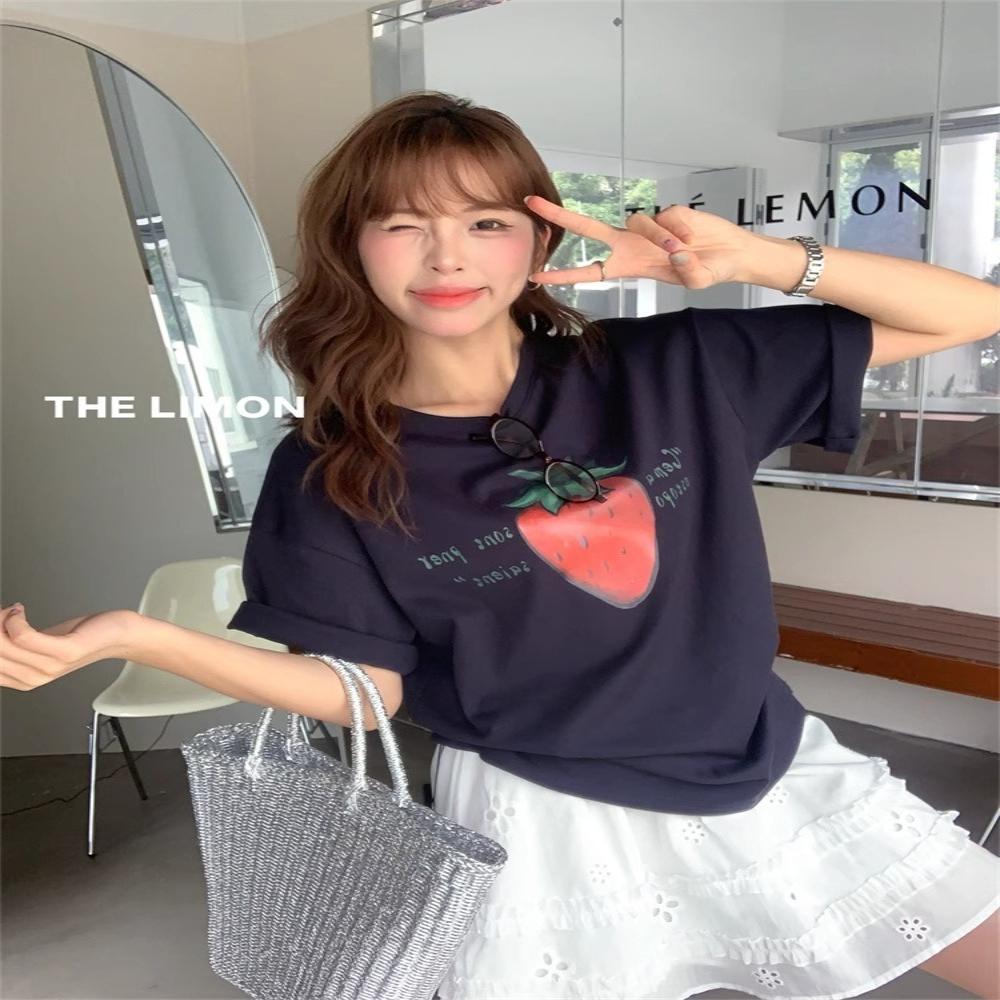 American Vintage Short Sleeve Pure Cotton T-Shirt Women's Summer Loose Plus Size Trendy Leisure Printed Casual Round Neck Top