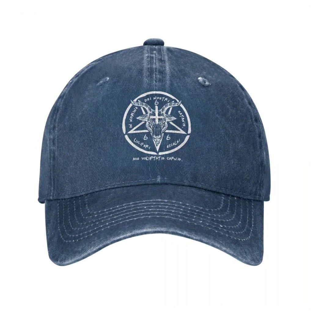Baphomet Sigil Occult Baseball Cap Distressed Denim Adjustable Casual Hat Unisex Streetwear Headwear